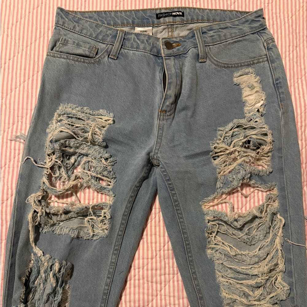 Fashion Nova Light Blue Distressed Straight Leg Jeans